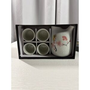 Japanese Sake Set 5pc Ceramic Cherry Blossom Sakura Tokkuri Carafe 4 Cups S0099